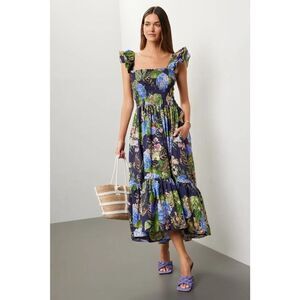 Cara Cara Ruby Hydrangea Midi Dress Cotton Blue Green Floral Ruffle